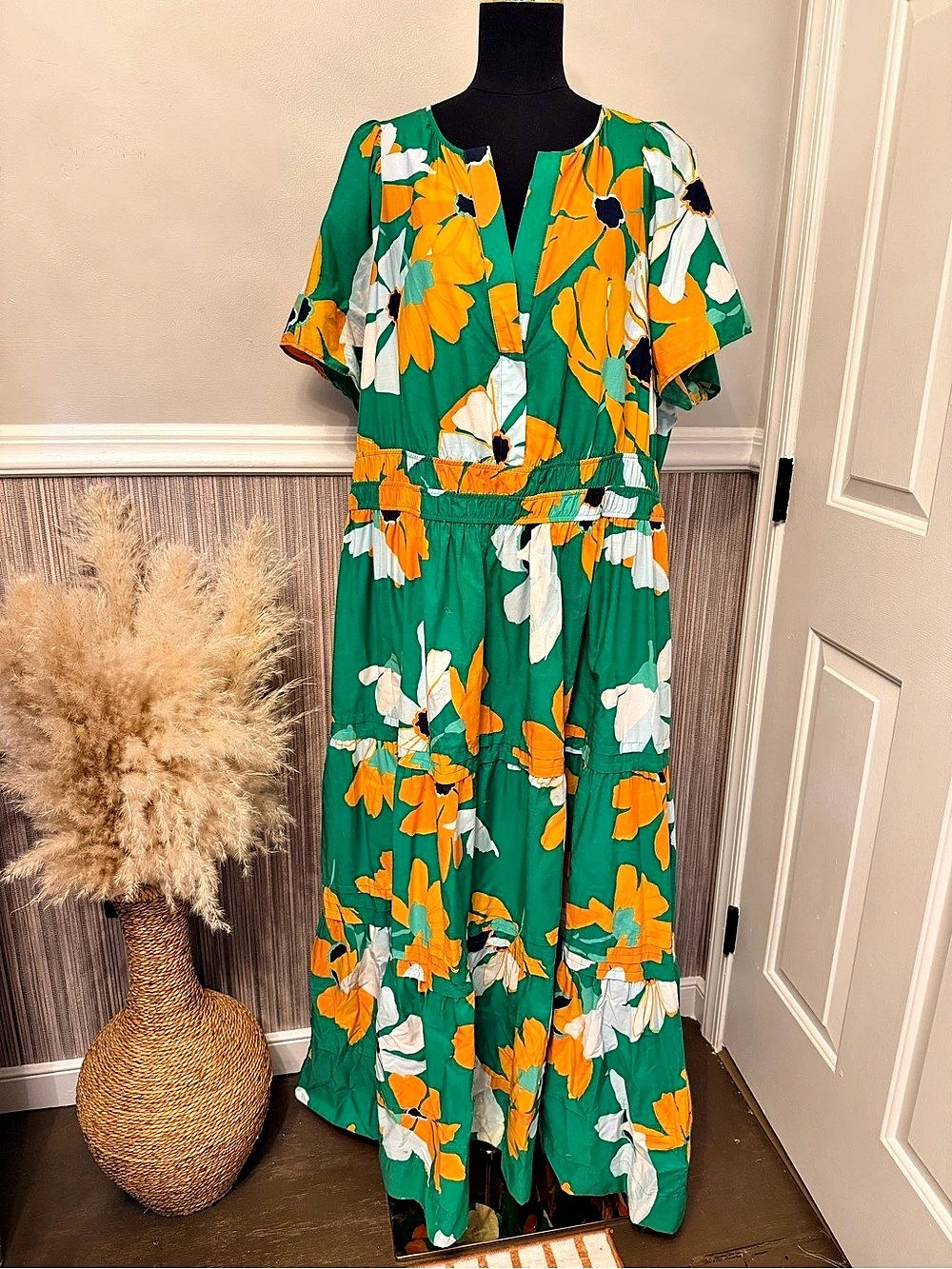 Maeve Anthropologie Green Orange Floral Tiered Maxi Dress Size 2X